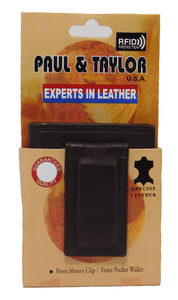 Paul & Taylor RFID Protected Magnet Money Clip Bifold Leather Wallet - (Black or Brown)